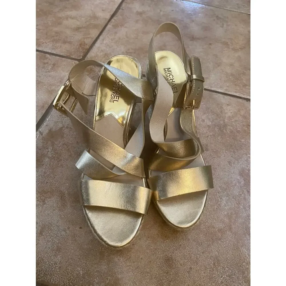 MICHAEL KORS Metallic Gold Leather Ankle Strap Espadrille Wedge Sandal 9.5M